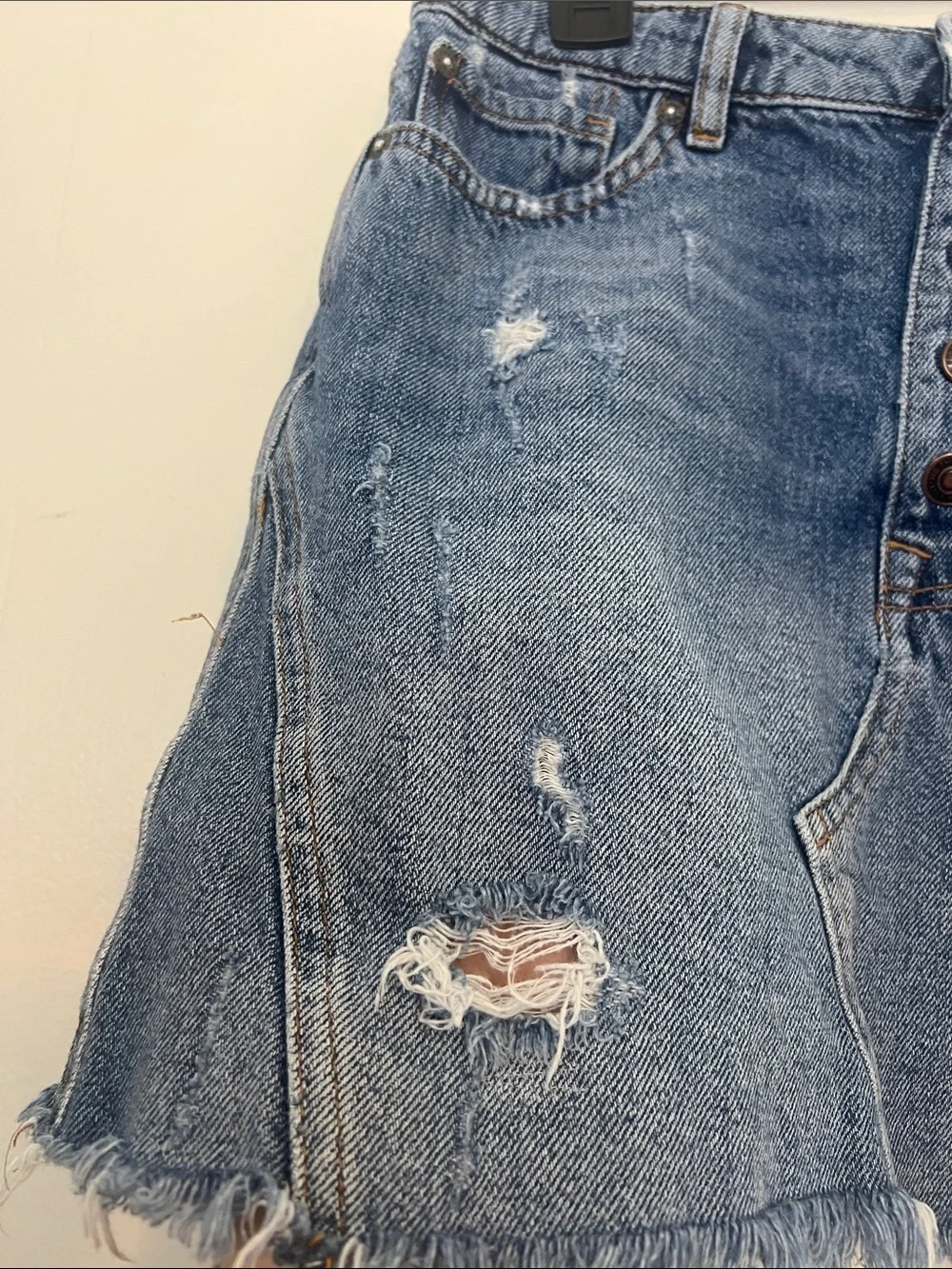 We the Free Distressed Denim Mini button fly Skirt Size 30